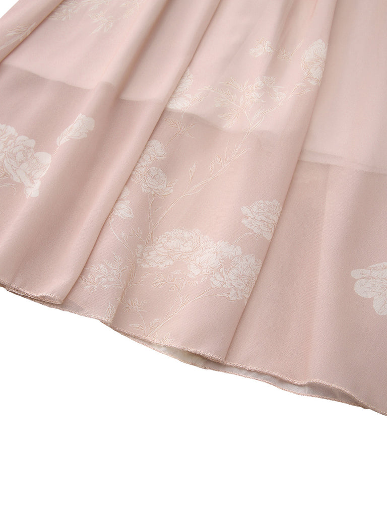 Rosa 1940er V-Ausschnitt Blumen Gürtel Ärmelloses Kleid