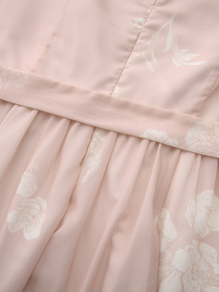 Rosa 1940er V-Ausschnitt Blumen Gürtel Ärmelloses Kleid