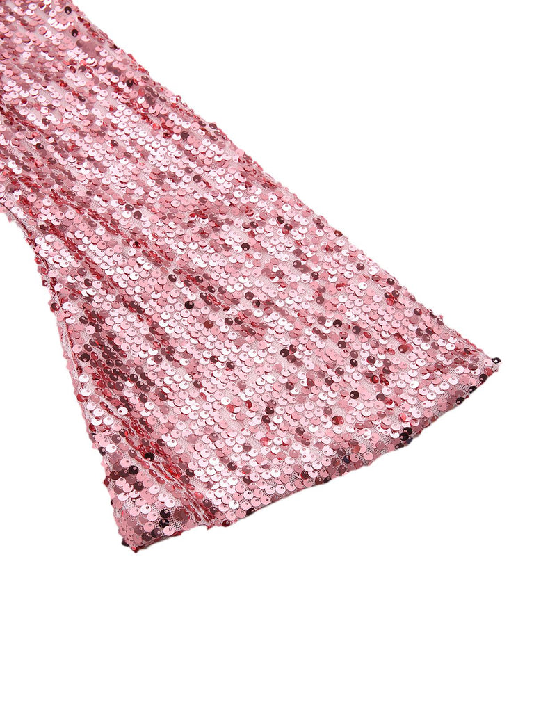 1970er V-Ausschnitt Schlagärmel Pailletten Disco Kleid