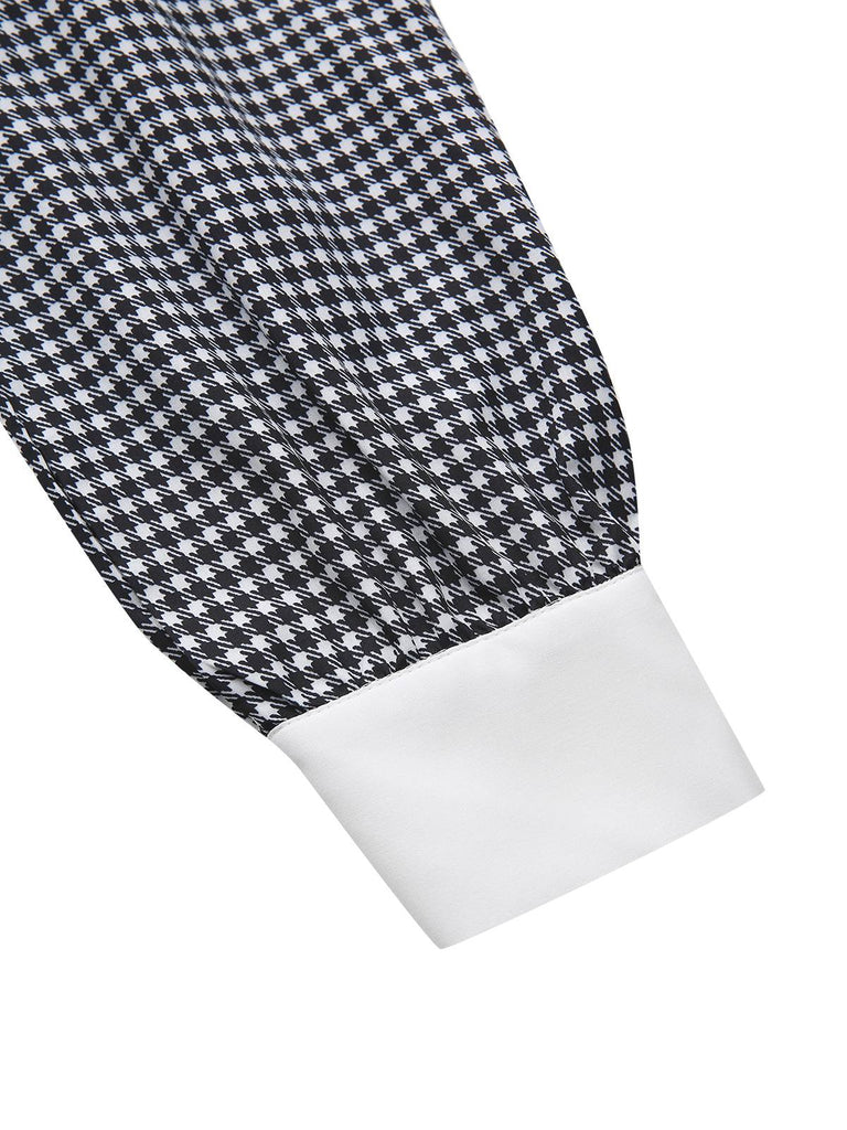 Schwarz 1940er Hahnentritt Puffärmel Perlen Taste Kleid