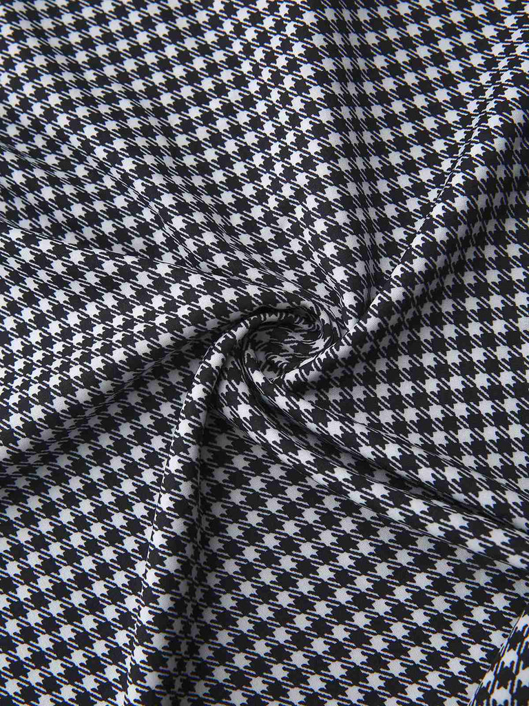 Schwarz 1940er Hahnentritt Puffärmel Perlen Taste Kleid