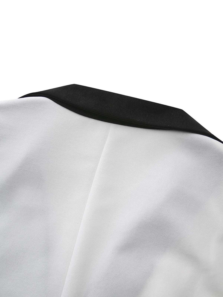 Weiß & Schwarz 1940er Tief V-Ausschnitt Gekerbt Taste Kleid