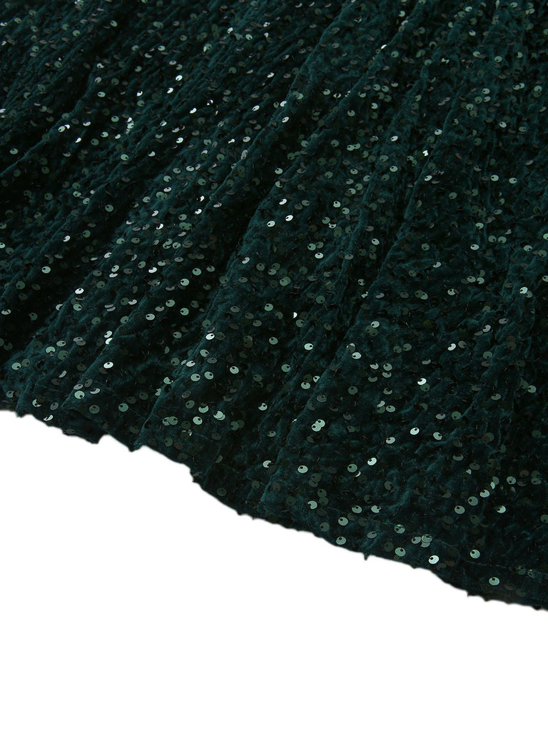 1940er Solide Pailletten Langarm Maxi Kleid