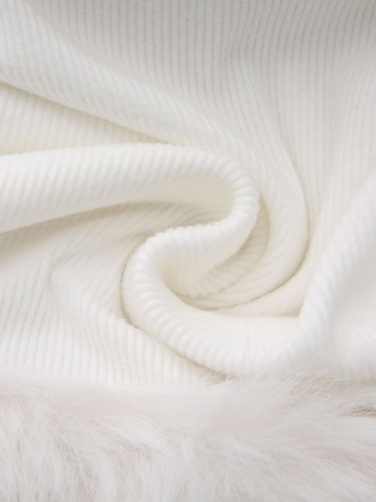 Weiß 1960er Weihnachten Faux Pelzbesatz Schulterfrei Kleid