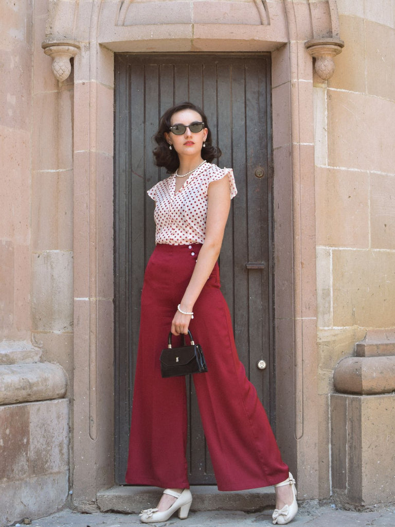 2PCS 1950er Rot Gepunktete Bluse & Burgundische Hose