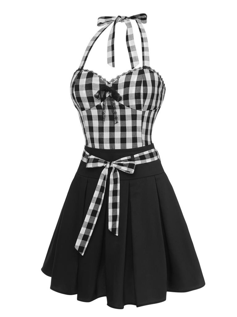 2PCS Schwarz 1950er Plaid Halter Top & Schirmrock