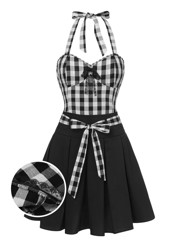 2PCS Schwarz 1950er Plaid Halter Top & Schirmrock