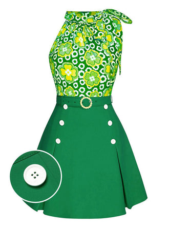 Grün 2PCS 1960er Krawattenkragen Blumen Top & Knöpfen Solide Rock