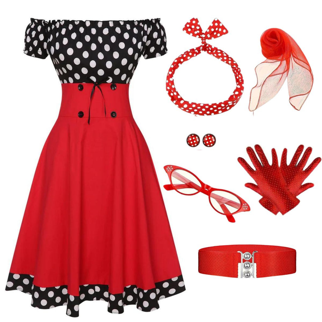 Schwarz & Rot 1950er Polka Dots Schulterfrei Kleid Mit Zubehör-Set