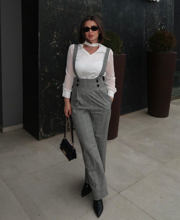 2PCS 1940er Satin Puffärmel Bluse & Glen Plaid Overall Hose