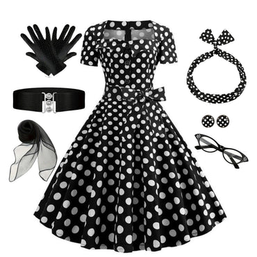 Schwarz 1950er Quadratischer Hals Kurze Ärmel Kleid Mit Zubehör-Set