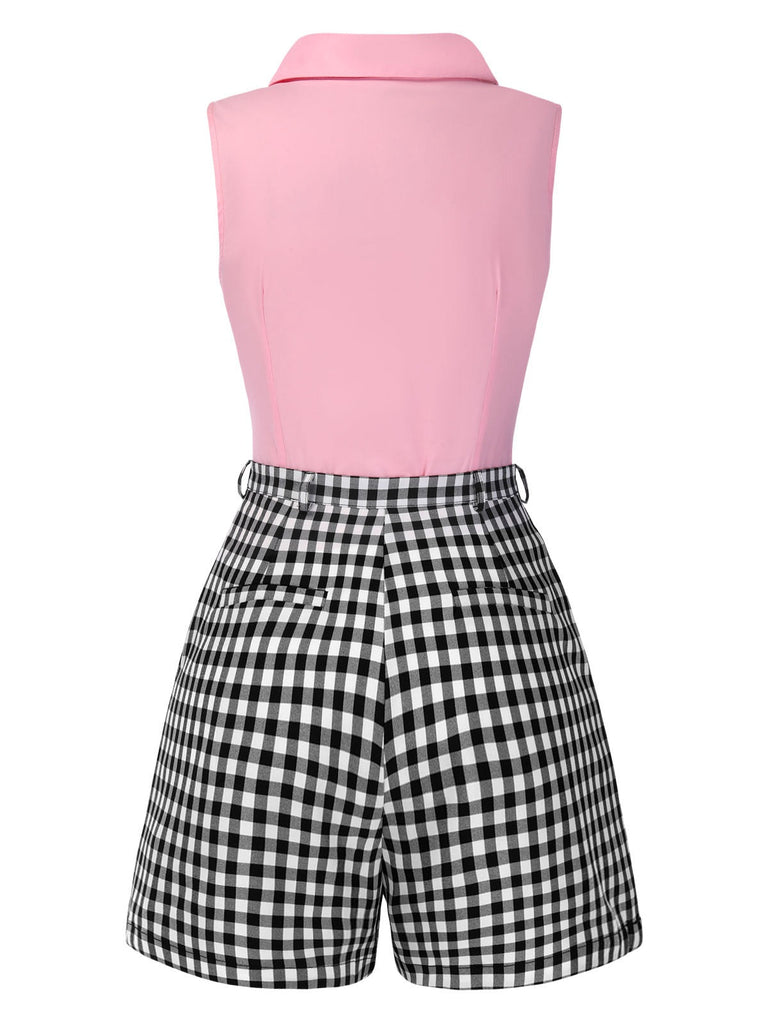 [Vorverkauf] 2PCS Rosa & Schwarz 1960er Ärmellos Bluse & Plaid Shorts