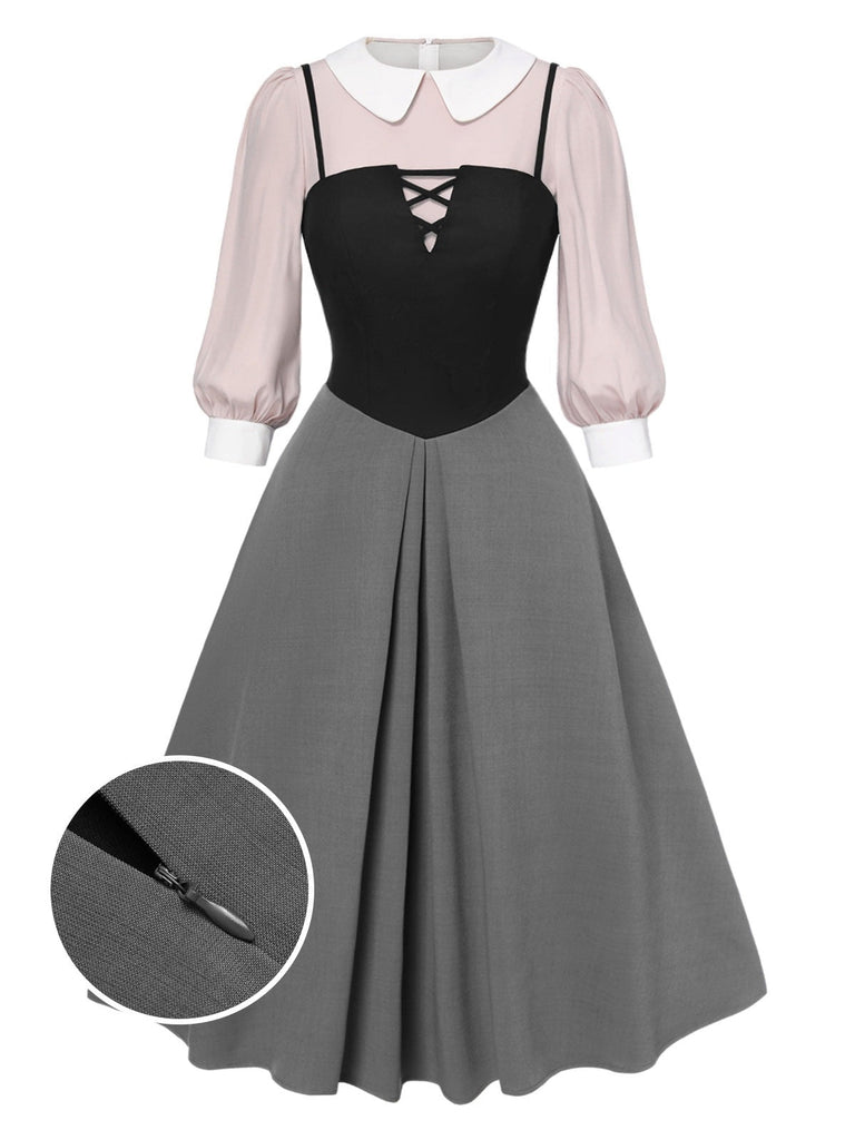 [Vorverkauf] 2PCS 1940er Farbblock Rosa Bluse & Grau Kleid