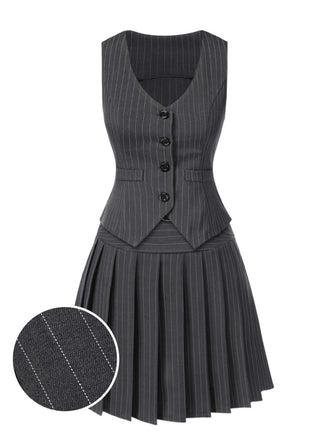 2PCS Dunkelgrau 1960er Nadelstreifen Top & Plissiertes Rock