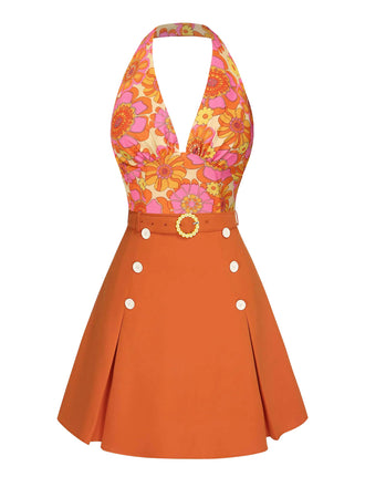 2PS Orange 1960er Hippie Blumen Halfter Top & Knöpfen Rock