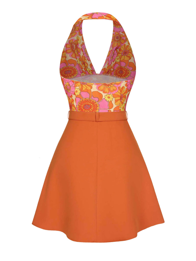 2PS Orange 1960er Hippie Blumen Halfter Top & Knöpfen Rock