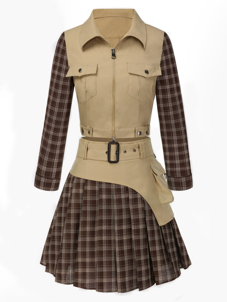 [Vorverkauf] 2PCS Khaki 1960er Plaid Patchwork Jacke & Plissiertes Rock