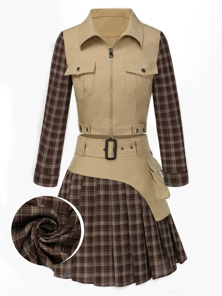 [Vorverkauf] 2PCS Khaki 1960er Plaid Patchwork Jacke & Plissiertes Rock