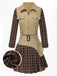 [Vorverkauf] 2PCS Khaki 1960er Plaid Patchwork Jacke & Plissiertes Rock