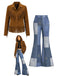 70er Set aus Sternen-Fransenjacke in Wildlederoptik und Denim-Print-Schlaghose