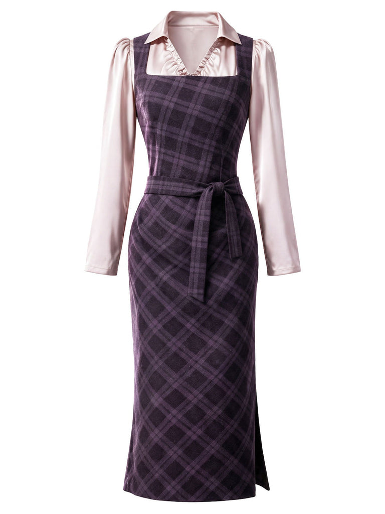 Lila 60er Set aus Karo-Bleistiftkleid und Satinbluse mit Tunnelzugraffung
