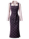 Lila 60er Set aus Karo-Bleistiftkleid und Satinbluse mit Tunnelzugraffung