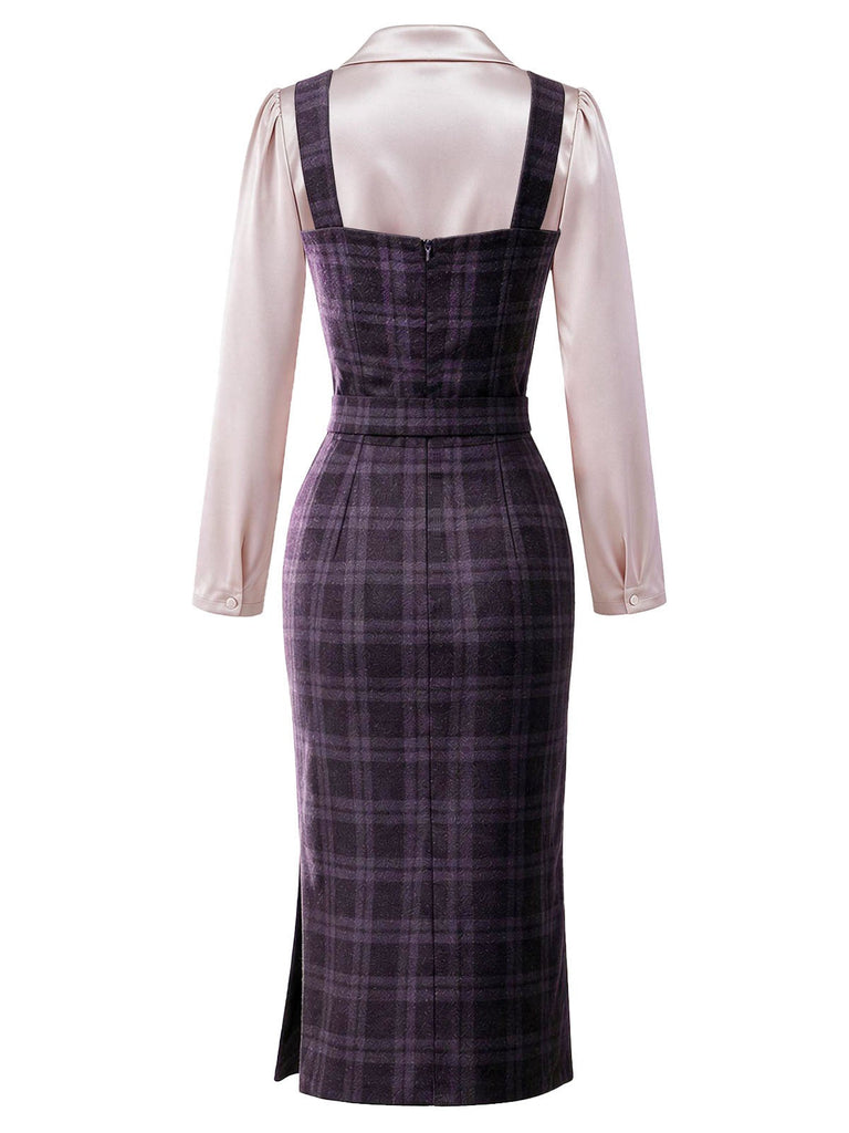 Lila 60er Set aus Karo-Bleistiftkleid und Satinbluse mit Tunnelzugraffung