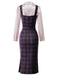 Lila 60er Set aus Karo-Bleistiftkleid und Satinbluse mit Tunnelzugraffung