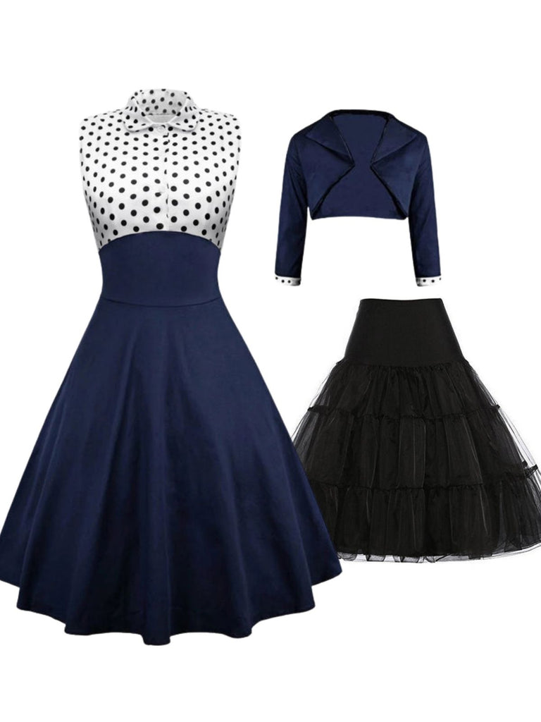 2PCS 1950er Marineblau Dot Patchwork Swing Kleid & Unterrock