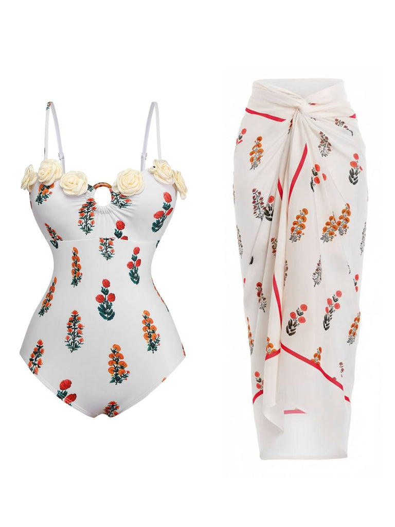 2PCS Weiß 1960er 3D-Blumen Spaghetti Träger Badeanzug & Cover-Up