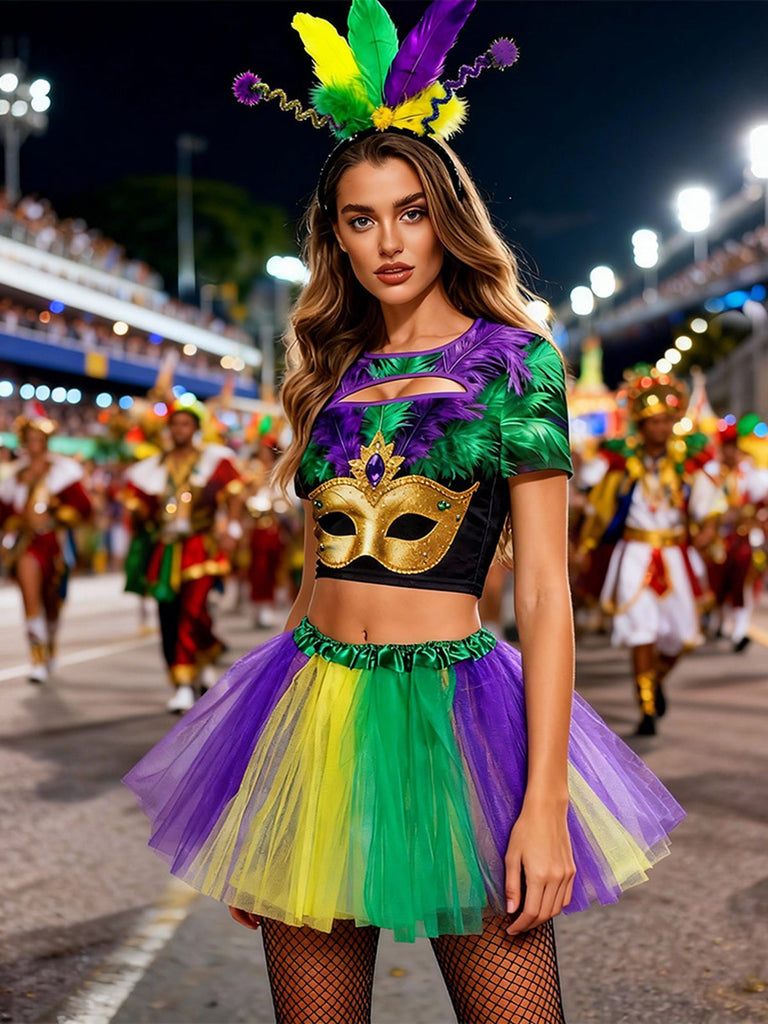 3PCS 1970er Karneval Masken Cutout Top & Unterrock & Stirnband