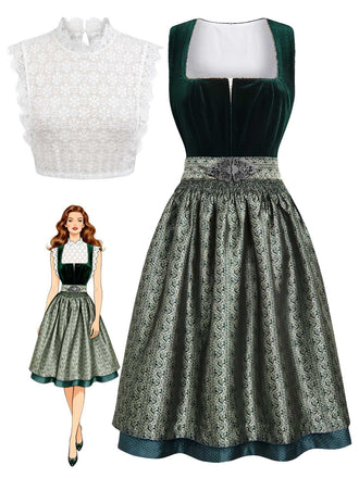Grünes 50er Jacquard-Kleid mit Eckiger Ausschnitt und Samt