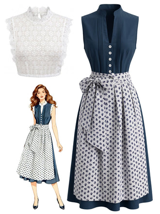 Blaues 50er 3PCS Kleid mit Schürze und Spitzentop