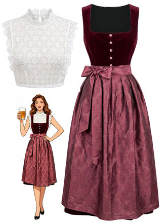 Weinrotes 50er 3PCS Kleid mit Samt und Schürze