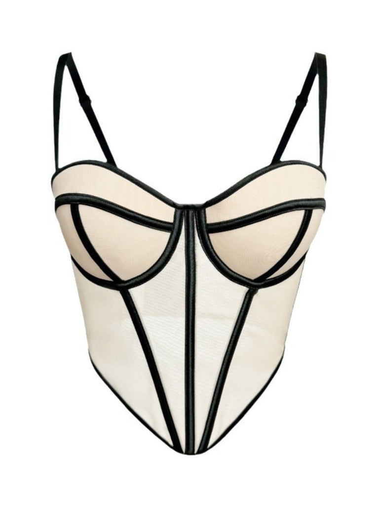 Beige 1980er Sheer Steampunk Fischgräten Korsett