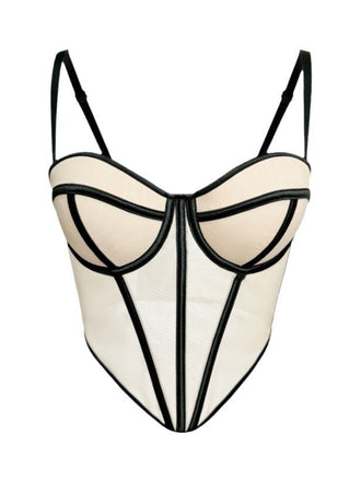 Beige 1980er Sheer Steampunk Fischgräten Korsett