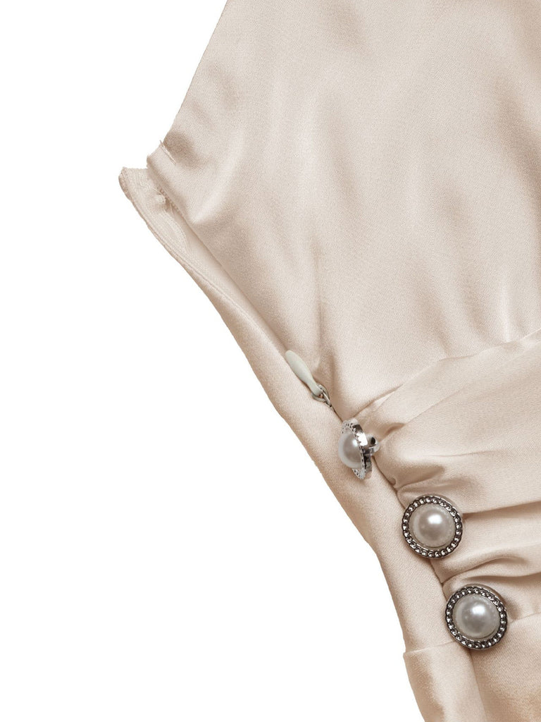 Champagneres 30er Satin-Maxikleid mit V-Ausschnitt und Raffung