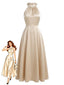 Champagneres 30er Ärmelloses Satin-Midikleid mit Neckholder und Perlen