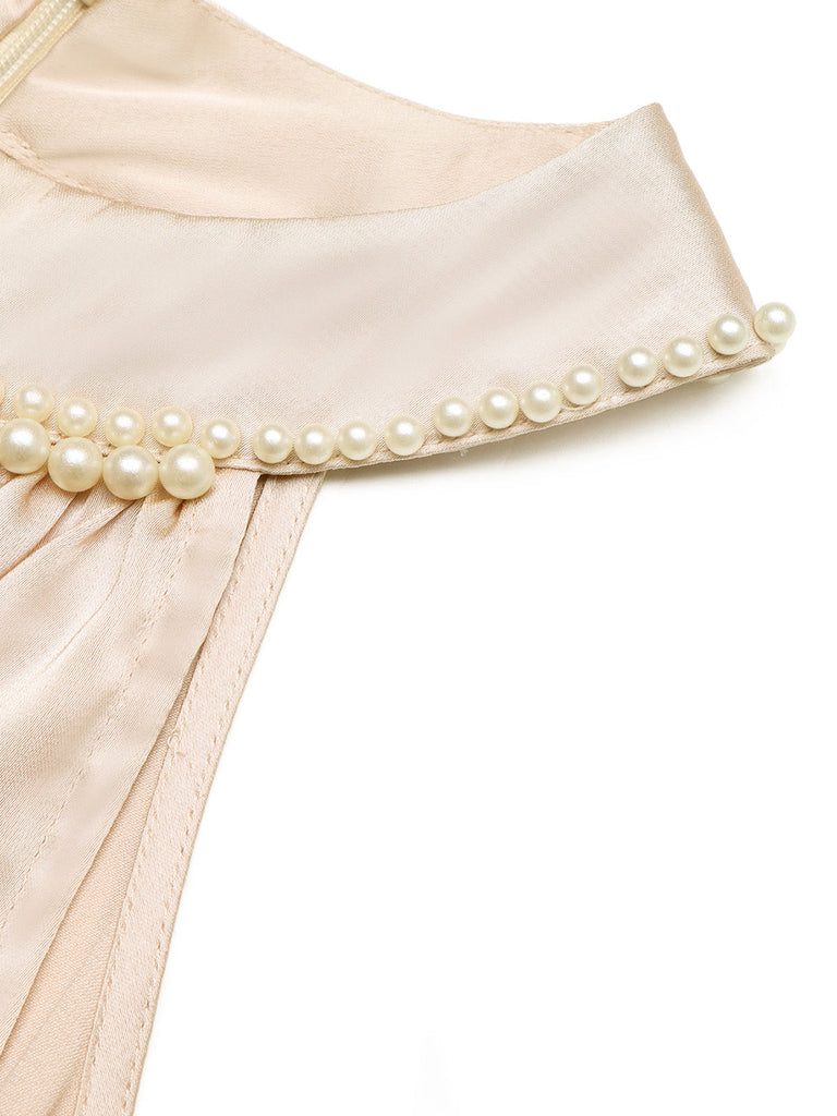 Champagneres 30er Ärmelloses Satin-Midikleid mit Neckholder und Perlen