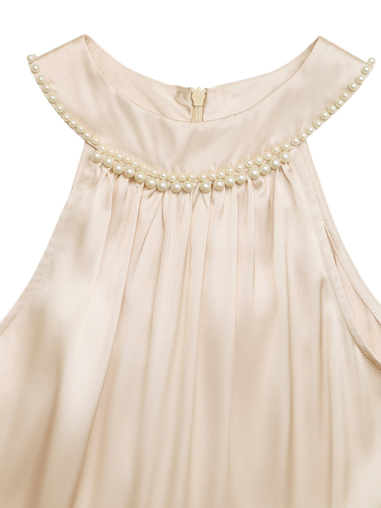 Champagneres 30er Ärmelloses Satin-Midikleid mit Neckholder und Perlen