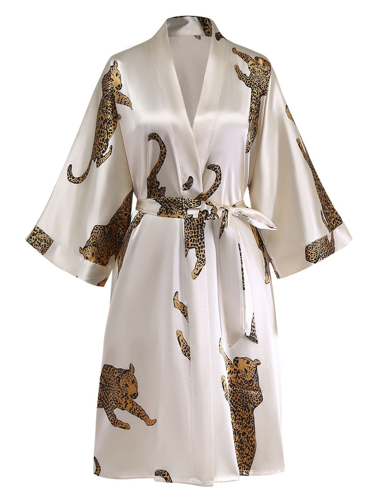 Champagner 1950er Leopard Druck Satin Morgenmantel mit Gürtel