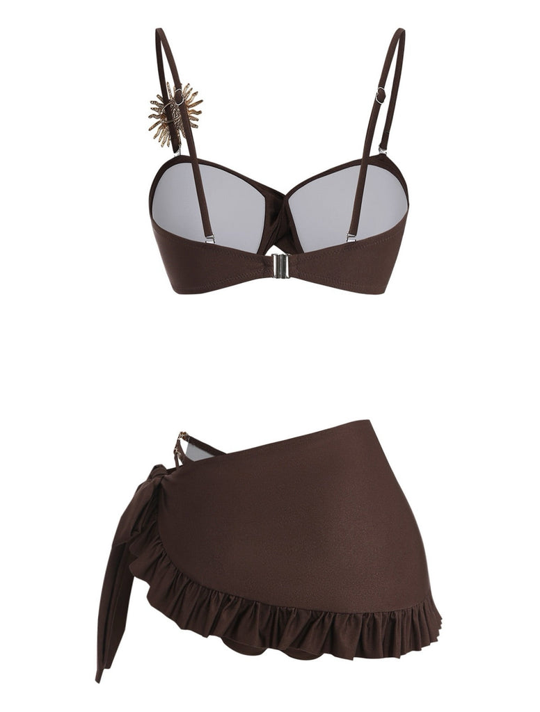 80er Satin-Bikini-Set mit Rüschen und Sonne