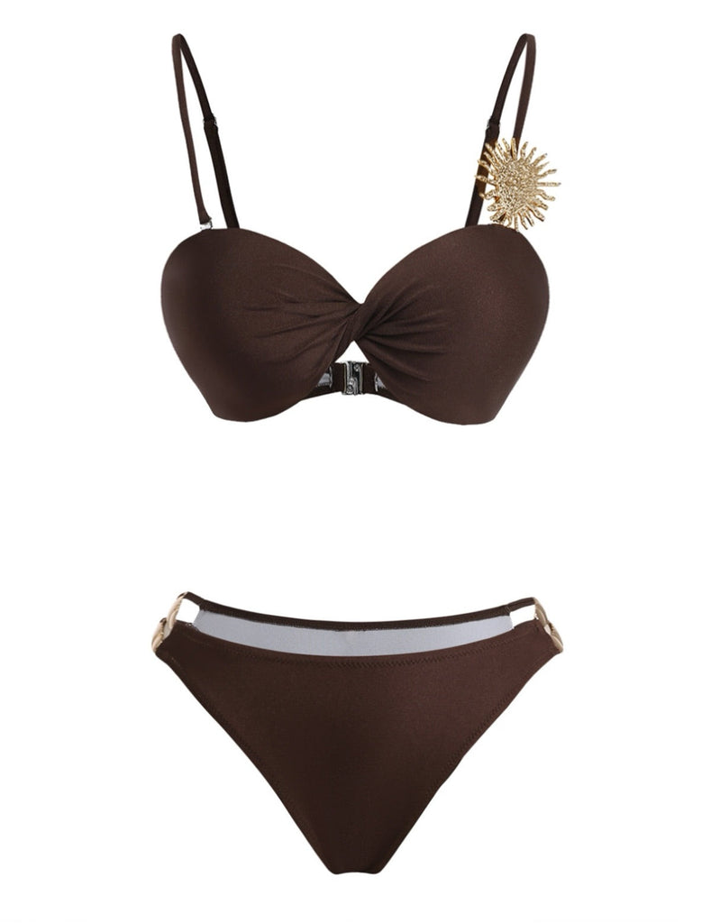 80er Satin-Bikini-Set mit Rüschen und Sonne