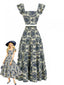 70er Set mit Top und Maxirock, eckigem Ausschnitt und Flatterärmeln in Blumen-Print
