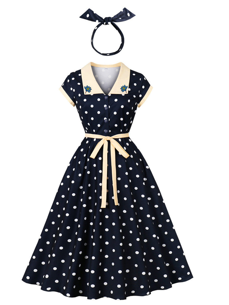 Blaues 50er Swingkleid mit Polka-Dots und Blumen