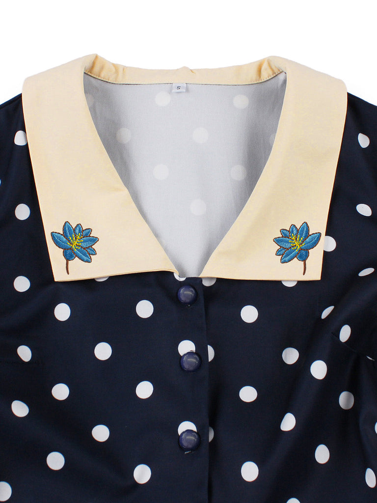 Blaues 50er Swingkleid mit Polka-Dots und Blumen