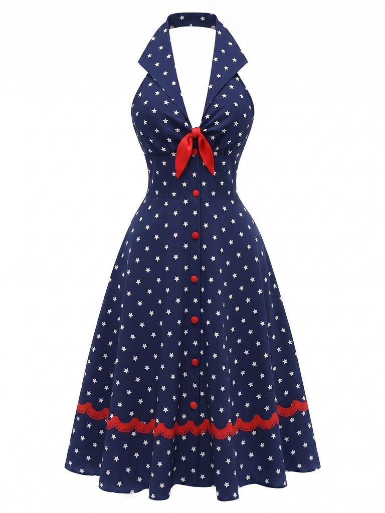 Dunkelblaues 50er Ärmelloses Kleid mit Polka-Dots