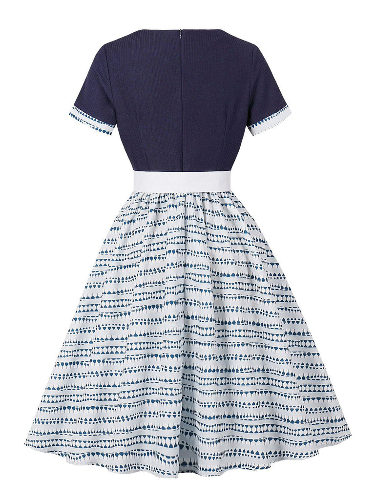 Dunkelblaues 50er Swingkleid mit Print und Geometrisch
