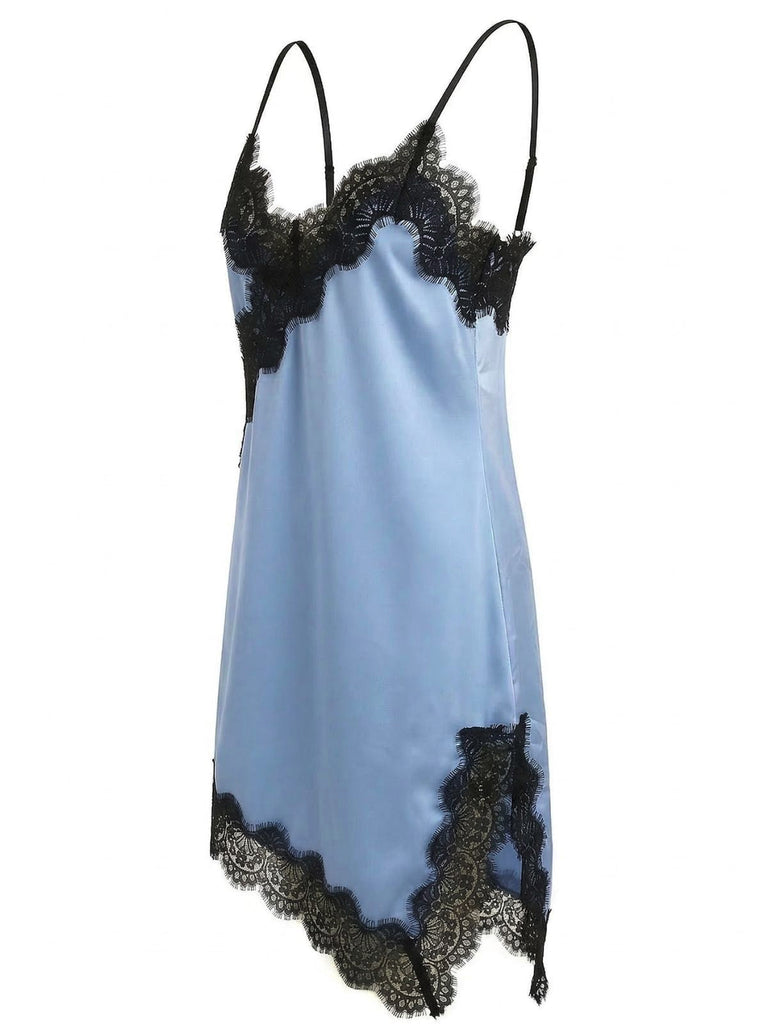 Dunkelblaues Spitzenkleid mit Spaghettiträgern im Stil der 1960er Jahre – Vintage-Kleid, Retro-Mode