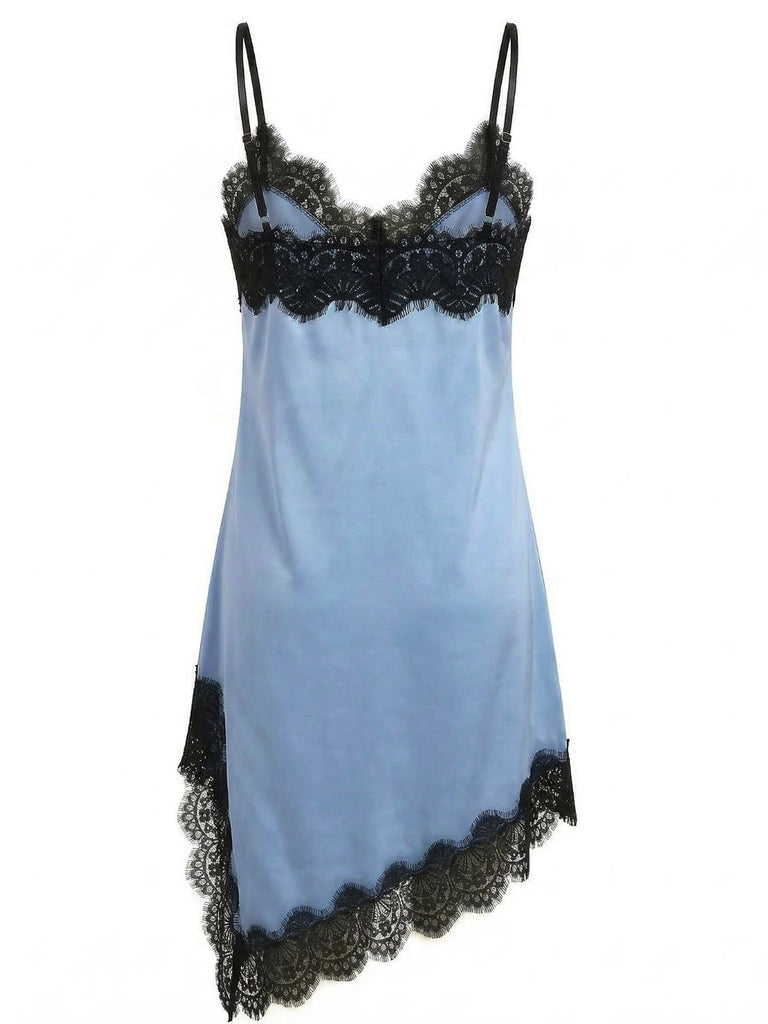 Dunkelblaues Spitzenkleid mit Spaghettiträgern im Stil der 1960er Jahre – Vintage-Kleid, Retro-Mode